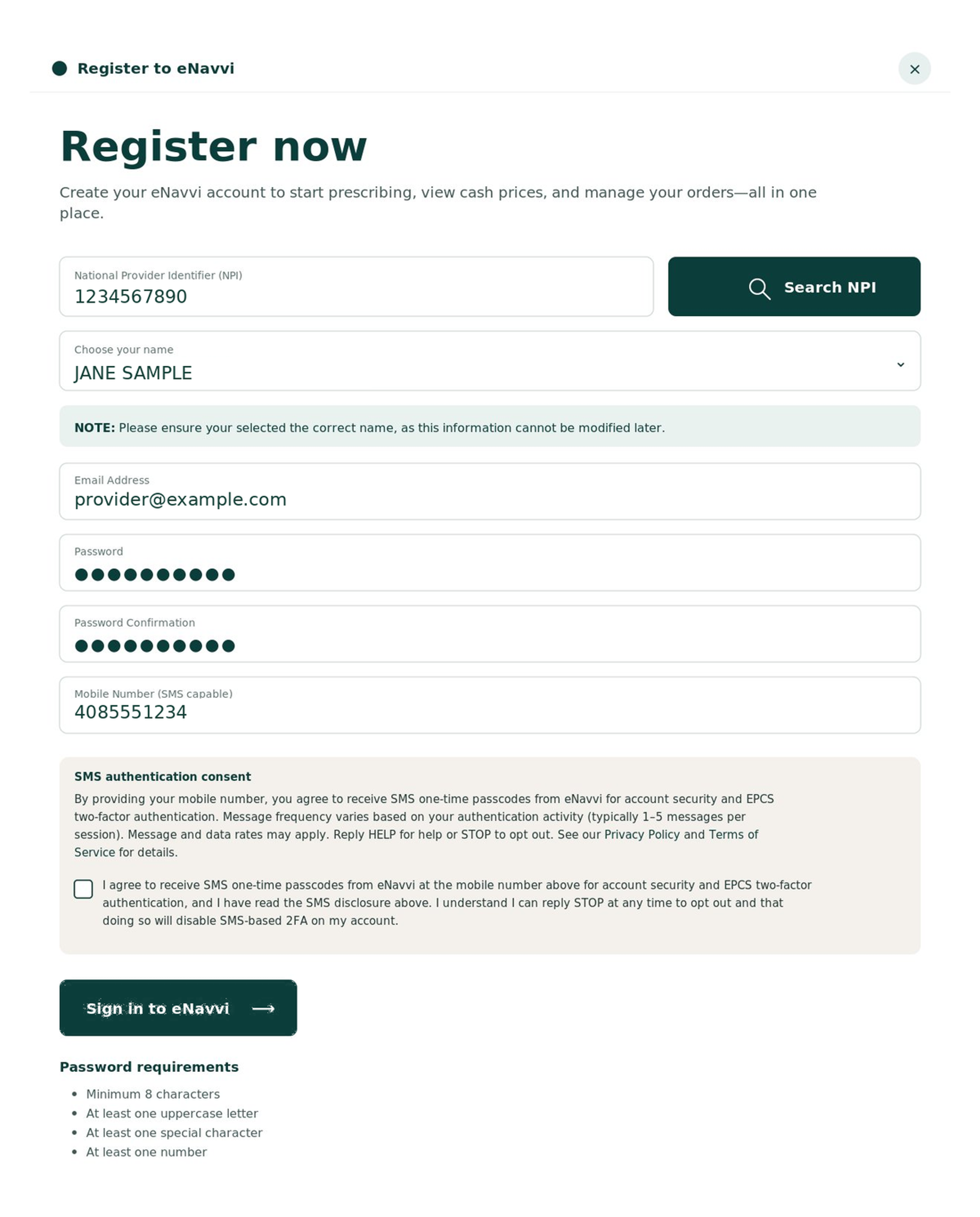 eNavvi registration at enavvi.com — SMS consent disclosure shown at the point where the mobile number is collected. eNavvi registration form showing the optional mobile number field, the SMS authentication consent disclosure, and the unchecked consent checkbox.