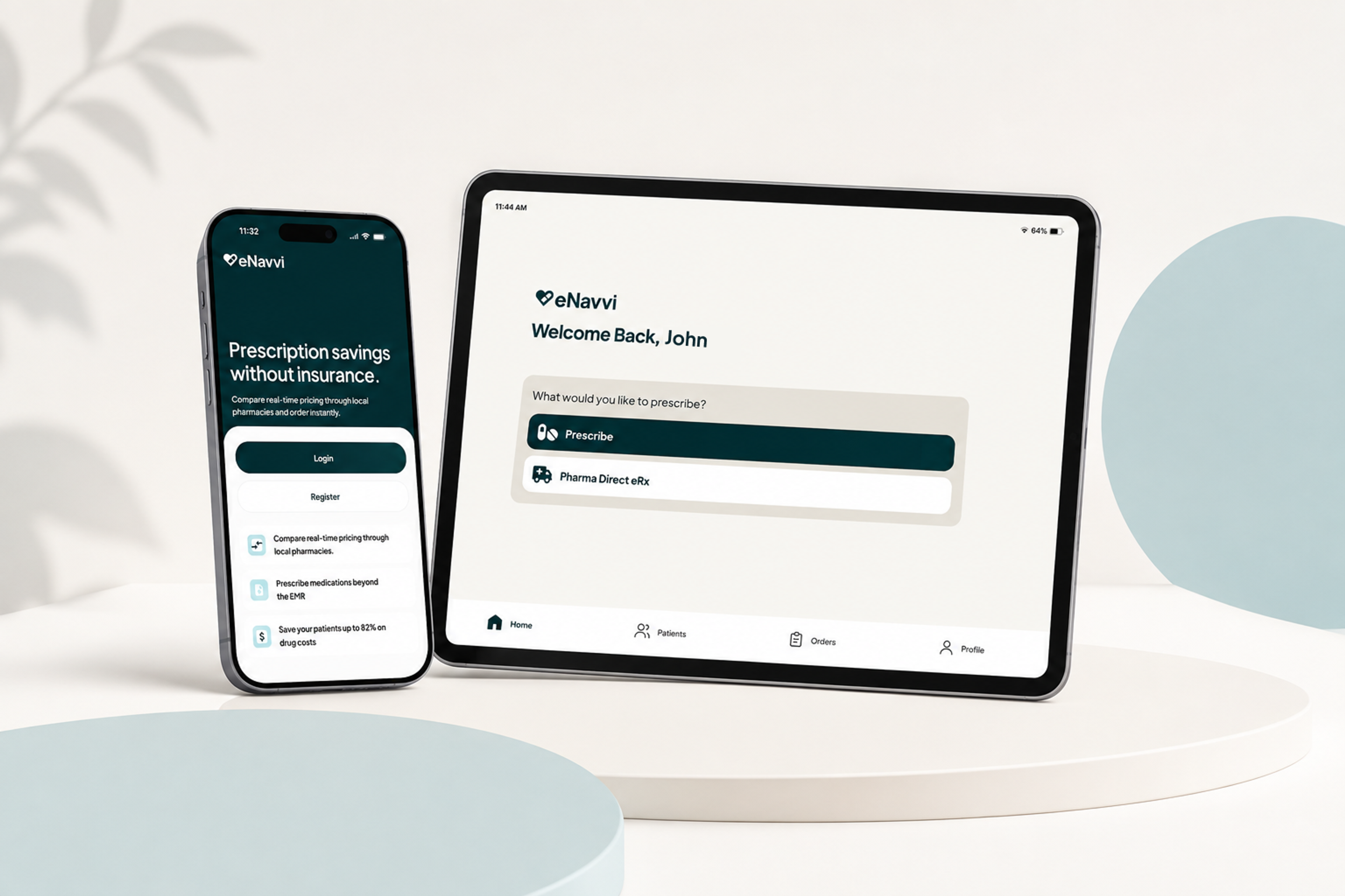The eNavvi app on a phone at the sign-in screen, beside a tablet showing the prescribe menu