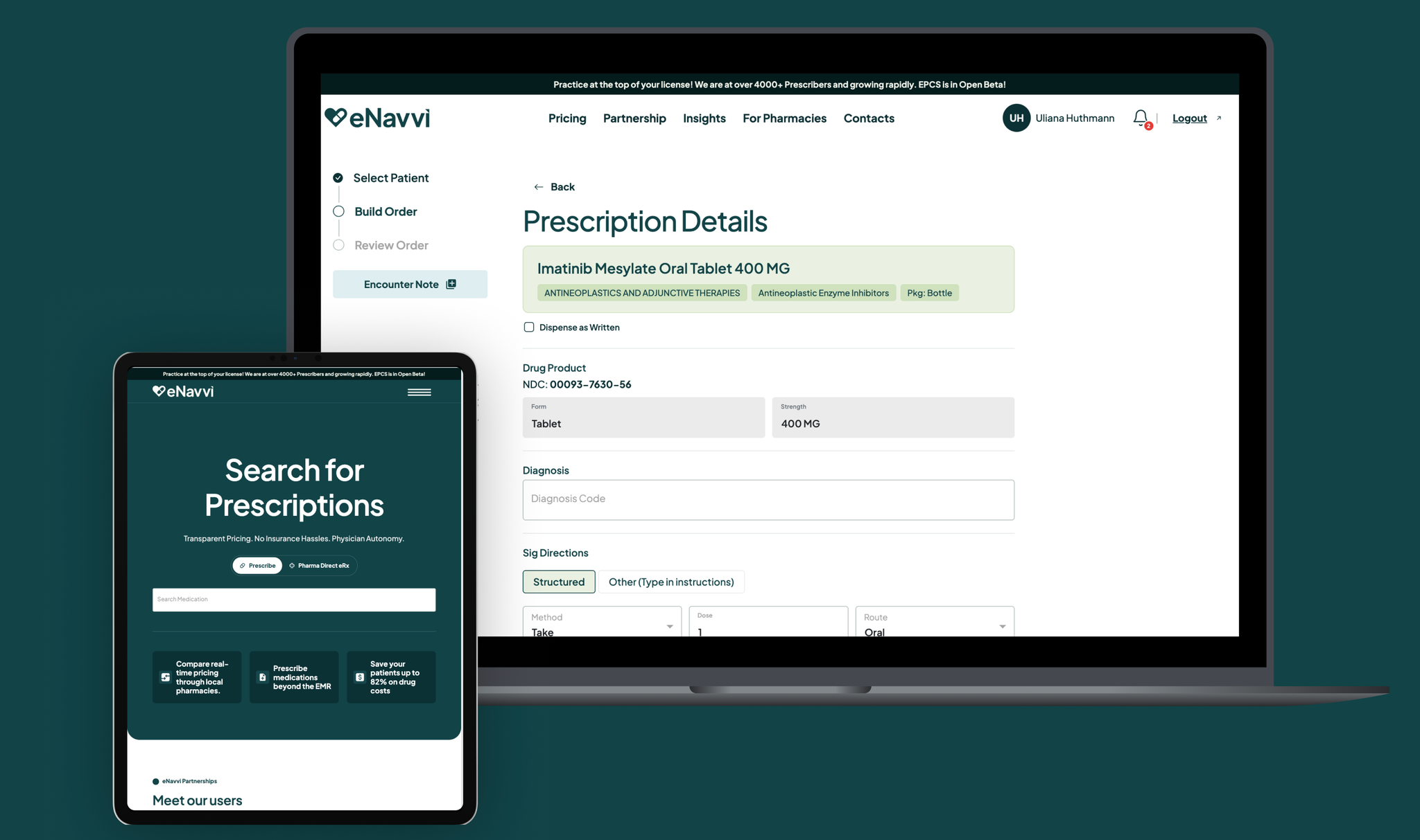 The eNavvi prescription pad shown on a laptop and a tablet