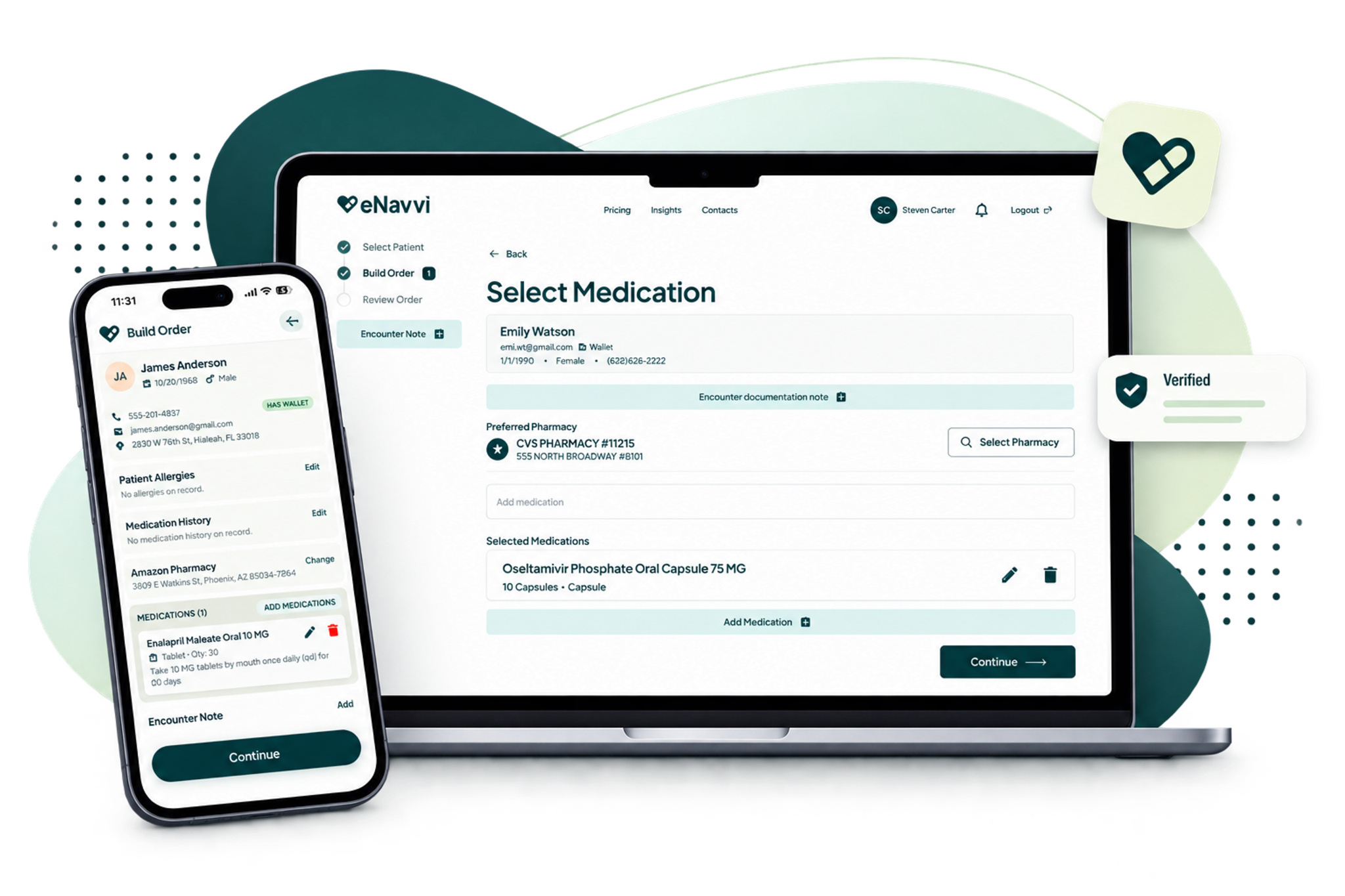 The eNavvi prescription pad shown on a laptop and a phone