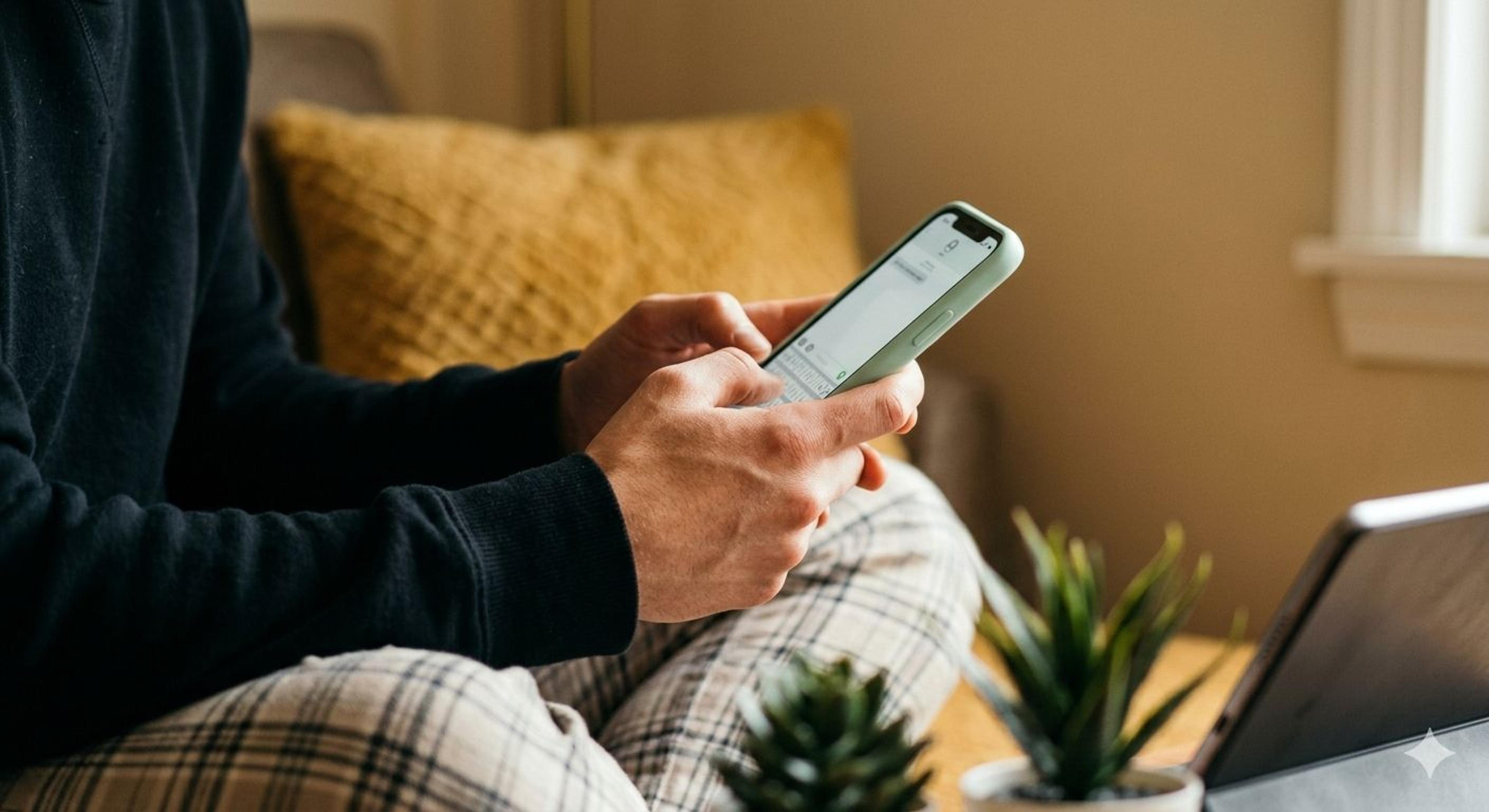 A person texting on their phone while relaxing at home