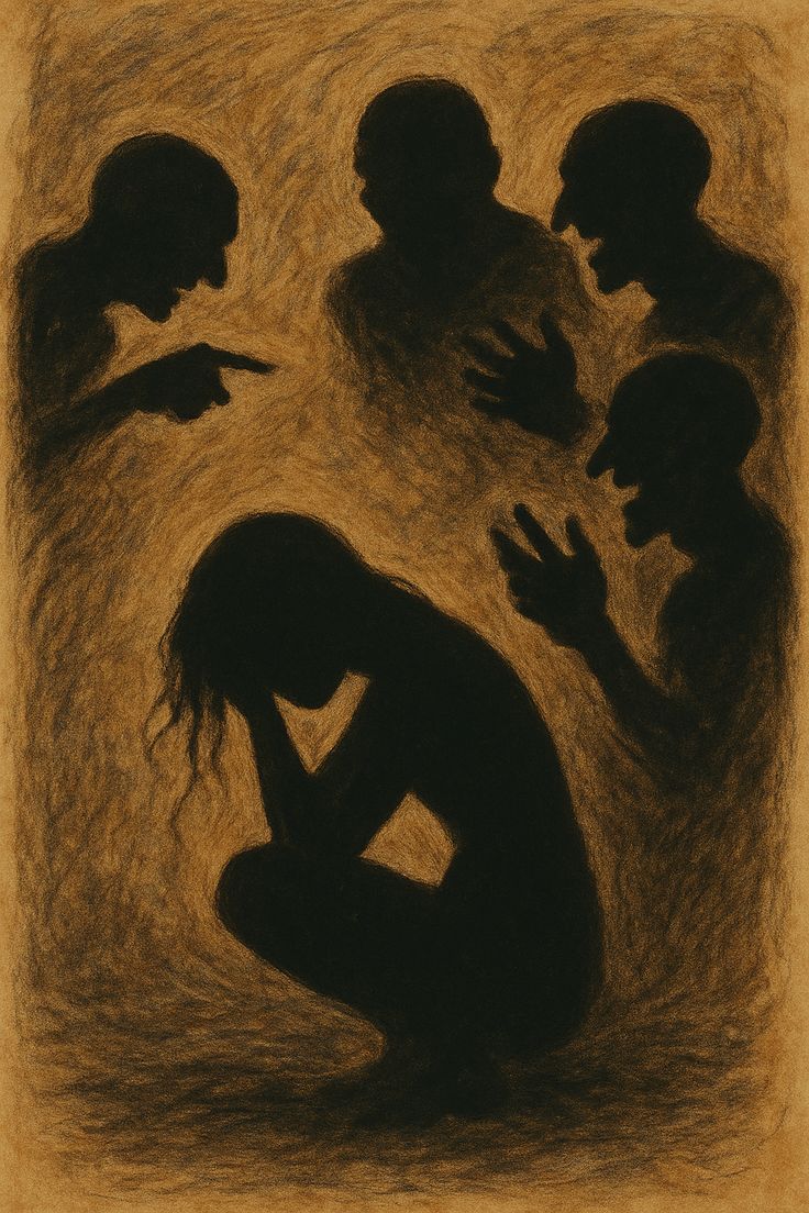 דמות מקופלת ומעליה דמויות מאשימות,כועסות