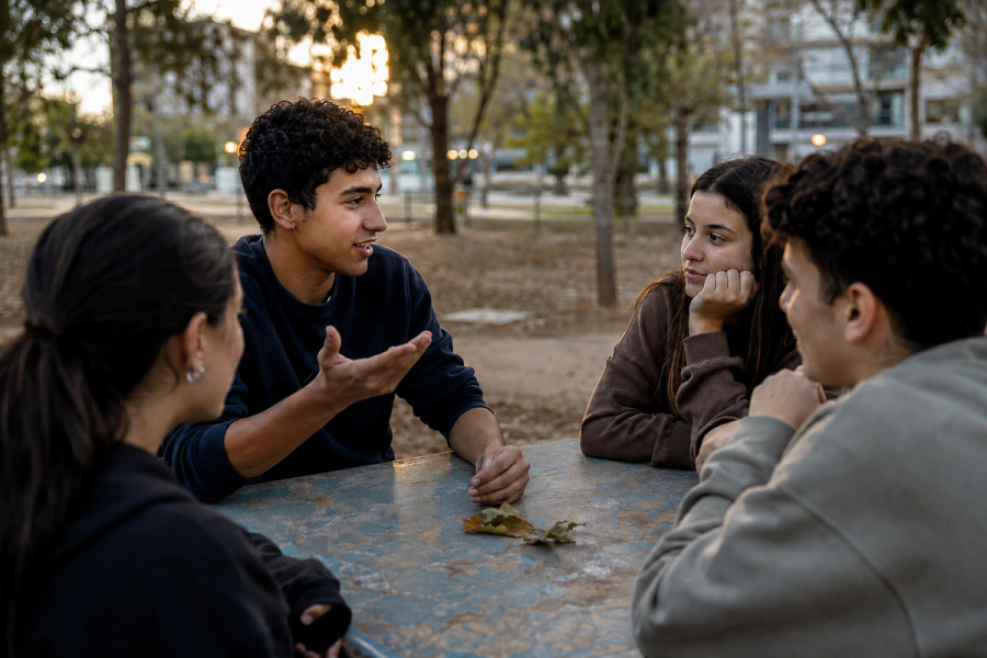 נער מביע דעה בפני שלושה חברים שמקשיבים לו סביב שולחן בפארק.