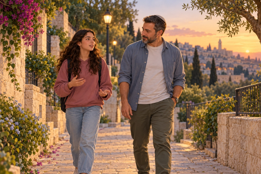 אב מקשיב לבתו המתבגרת בזמן שהם הולכים יחד בשביל בשעות הערב
