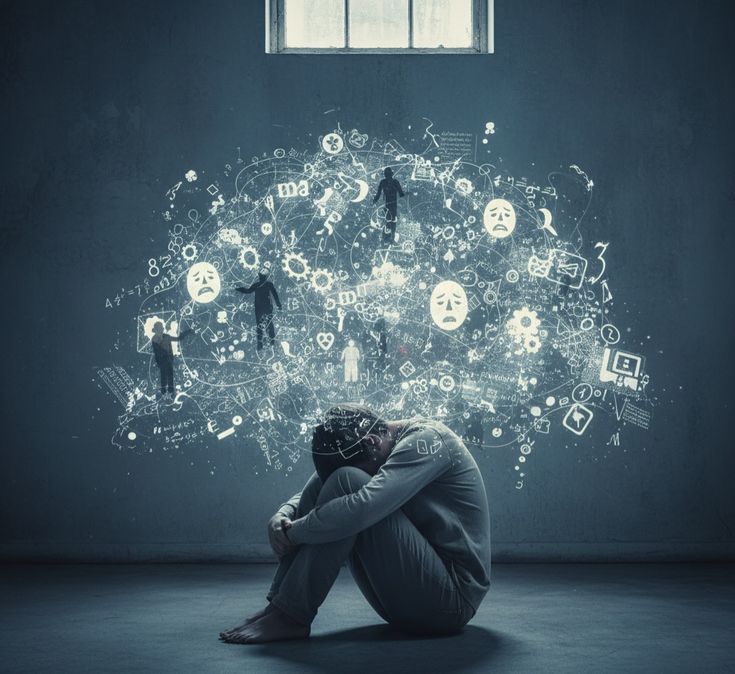 אדם יושב כפוף ומחשבות יוצאות כמו עשן מהראש