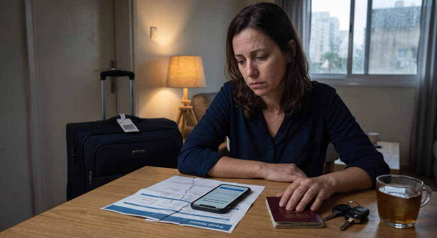 אישה מתבאסת שהטיסה שלה התבטלה