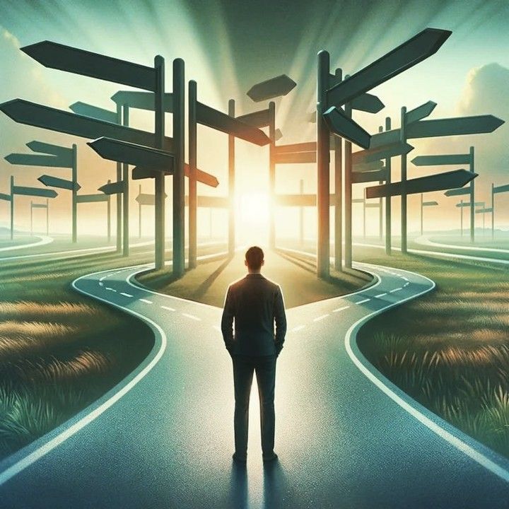 אדם עומד בפני צומת עם שלטים ללא כיתוב 