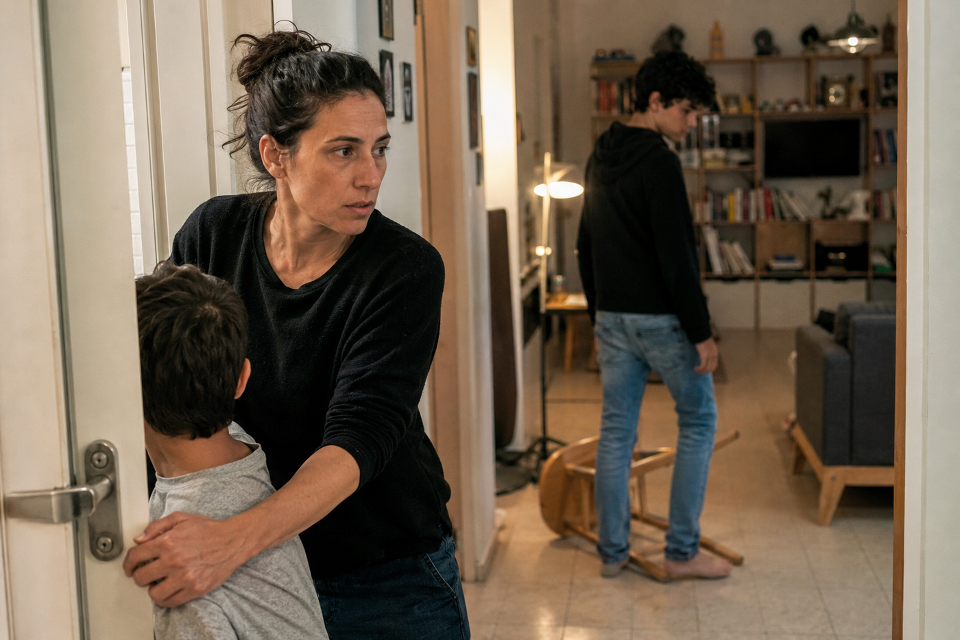 אם מרחיקה ילד צעיר מהסלון בזמן שמתבגר נסער עומד ליד כיסא שהתהפך