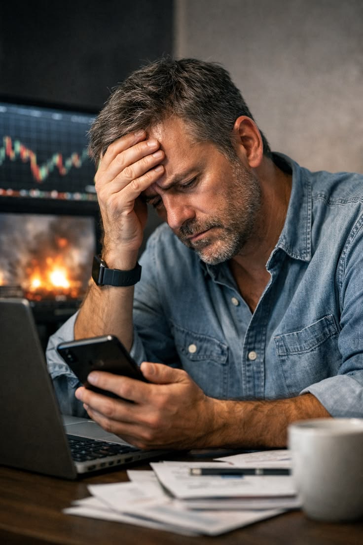 גבר יושב מחזיק את ראשו נראה מוטרד מסתכל על הנייד