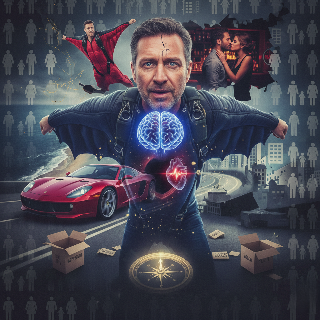 גבר עם סמלי סטטוס מסביבו