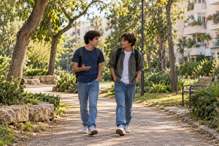 שני נערים הולכים בשביל בפארק ומשוחחים.