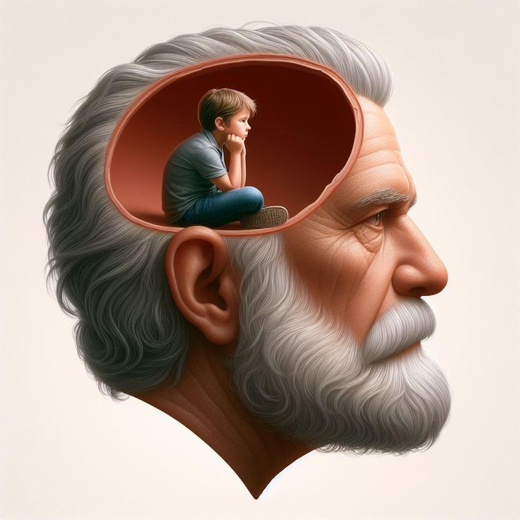 ילד יושב בתוך מח של מבוגר