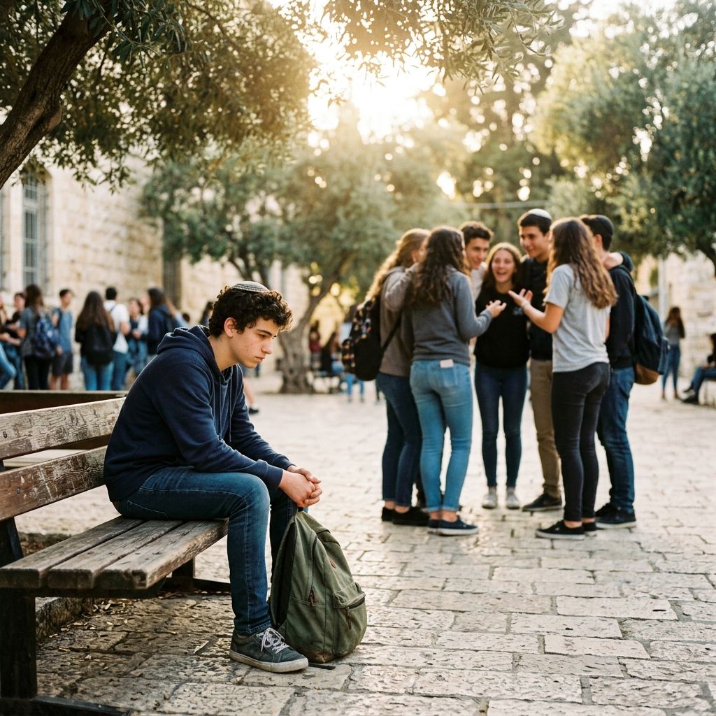 מתבגר יושב לבד ליד קבוצת חברים