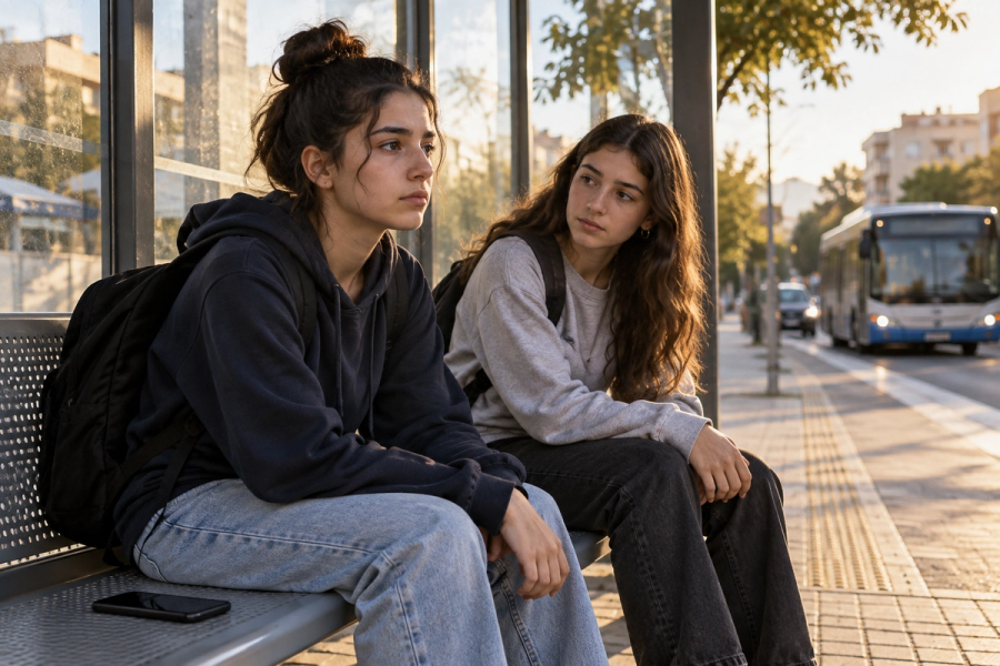 נערה יושבת בתחנת אוטובוס לאחר תשובה מאכזבת וחברה קרובה נשארת לצדה בשקט