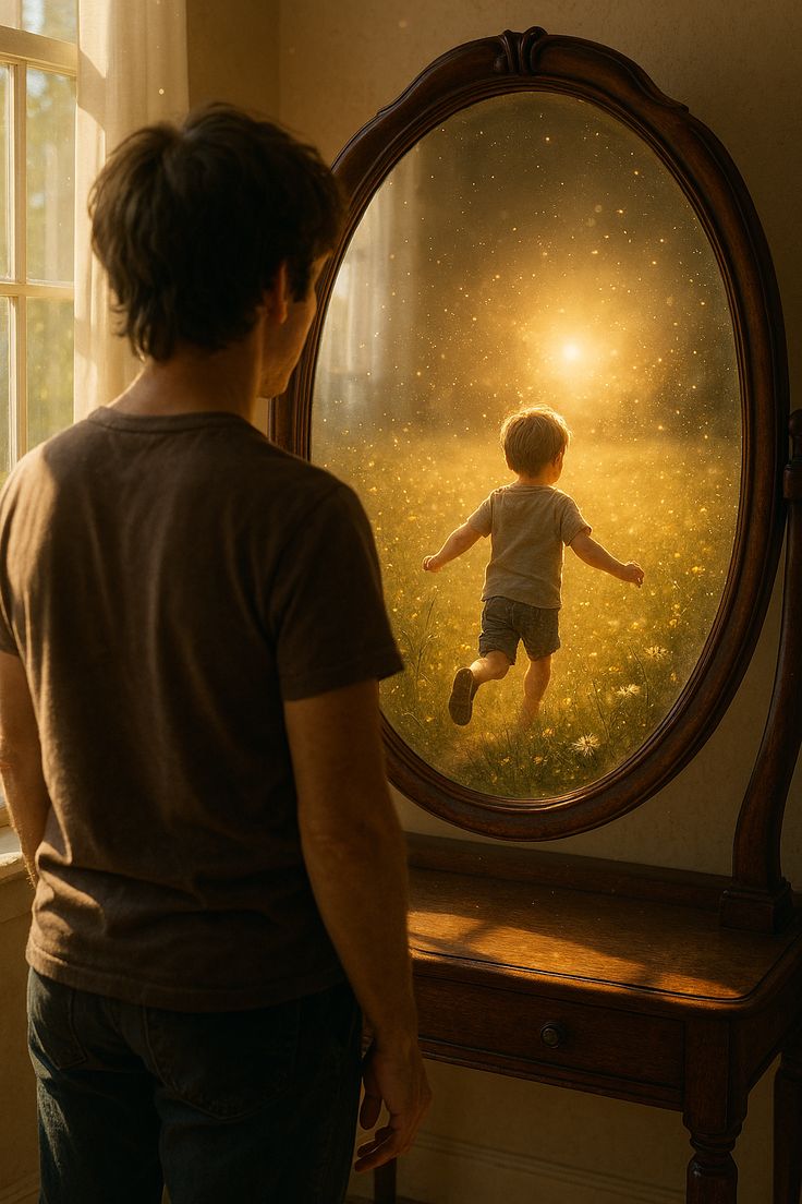 אדם מסתכל על עצמו במראה הדמות המשתקפת משחקת