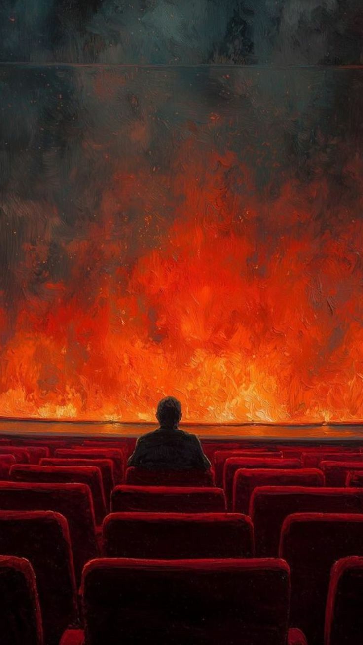 אדם יושב בקולנוע וצופה במסך עולה באש
