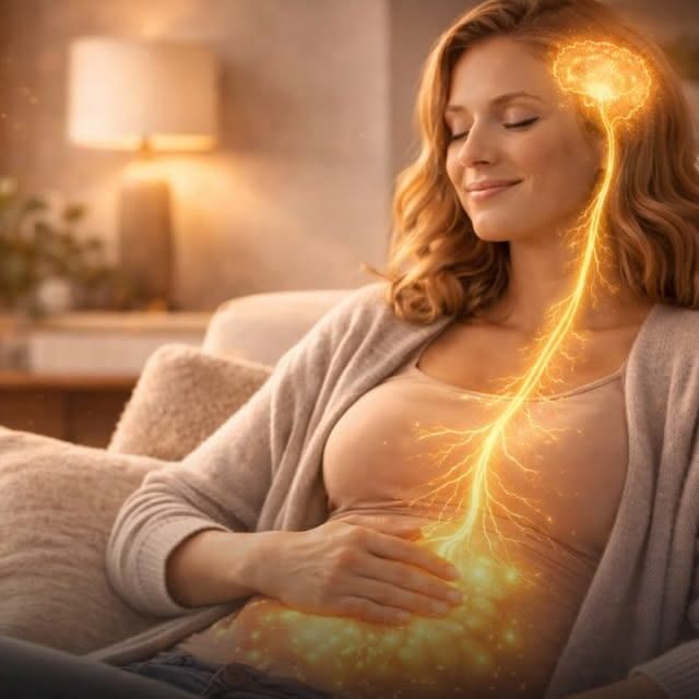 אישה נרגעת על הספה עצב הואגוס זוהר