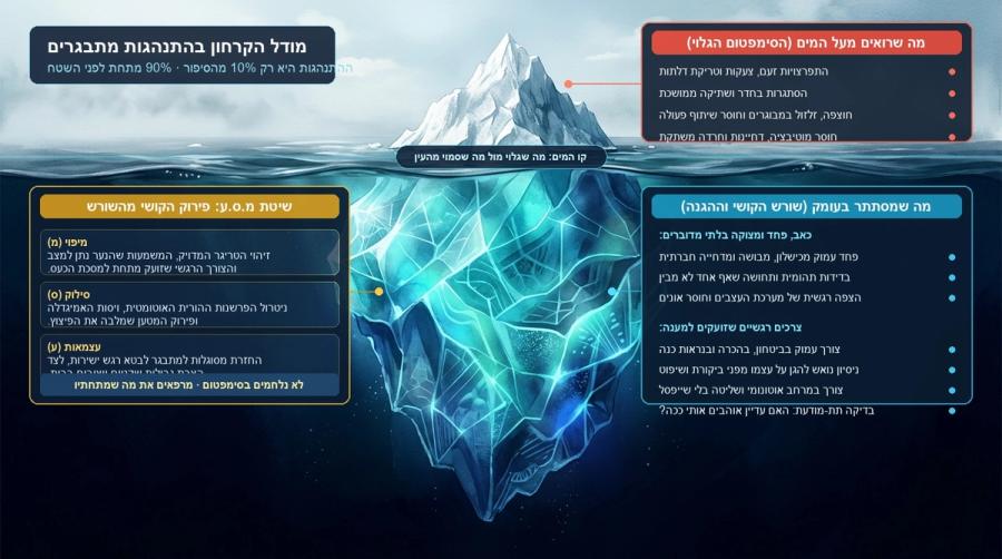 אינפוגרפיקת מודל הקרחון בשיטת מ.ס.ע: הסימפטומים הגלויים מעל המים (זעם, הסתגרות, חוצפה) מול שורש הקושי, הפחד והצרכים הרגשיים הסמויים בעומק