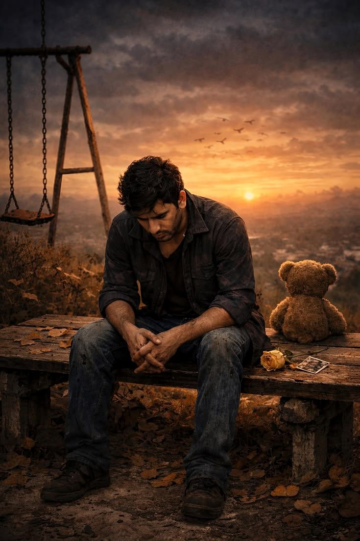 אדם יושב על ספסל שפניו כלפי מטה בעצב