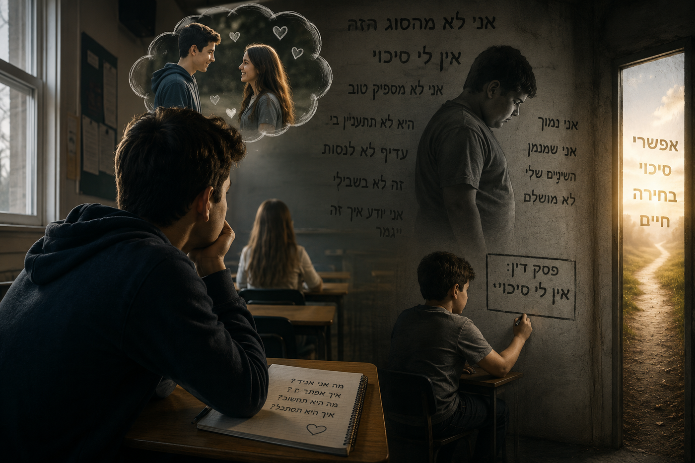 "נער מתבגר יושב בכיתה ומביט מרחוק בילדה שהוא מאוהב בה, בזמן שסביבו מופיעות מחשבות של ספק עצמי ופסקי דין פנימיים כמו 'אין לי סיכוי'. בצד השני נראה שביל מואר המסמל אפשרות חדשה ויציאה מתוך ויתור מוקדם והחלטות ישנות מהילדות."