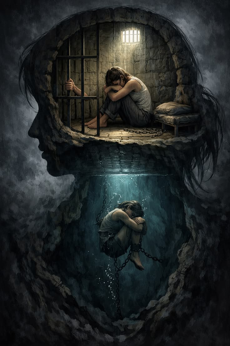 שתי דמויות מכווצות וכלואות בתוך דמות של אדם 