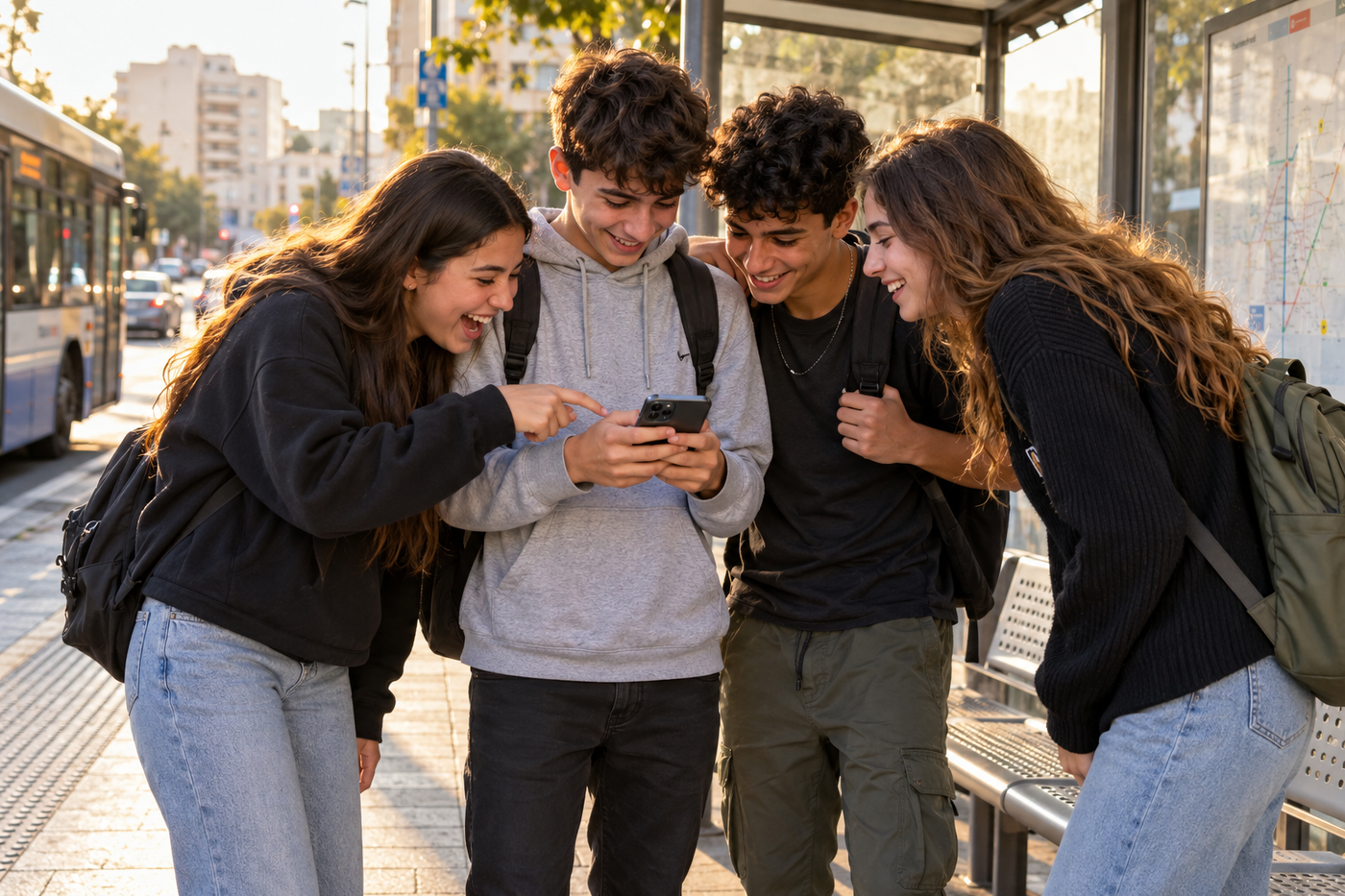 ארבעה בני נוער צוחקים יחד סביב טלפון בתחנת אוטובוס