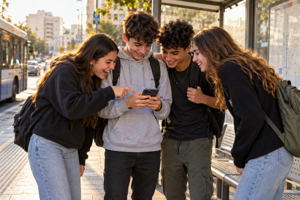 ארבעה בני נוער צוחקים יחד סביב טלפון בתחנת אוטובוס