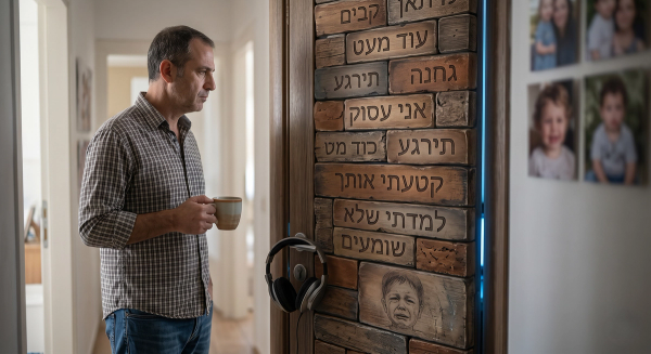 אבא עומד מחוץ לדלת של הילד שמלאה בפתקים עם תירוצים 