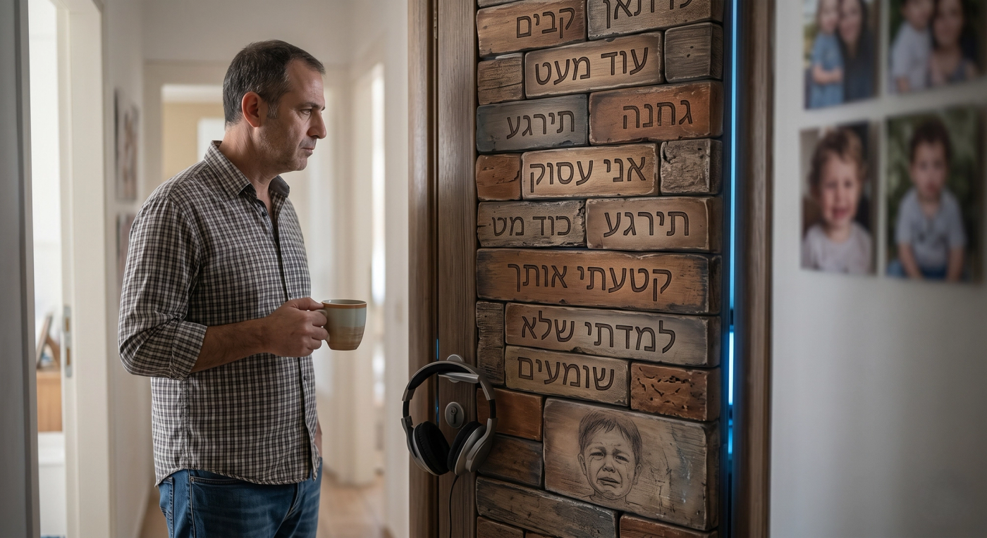 אבא עומד מחוץ לדלת של הילד שמלאה בפתקים עם תירוצים 
