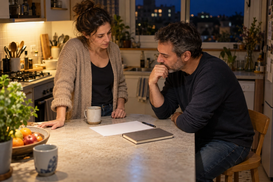 הורים יושבים לתכנן איך לספר למתבגר שהם מתגרשים