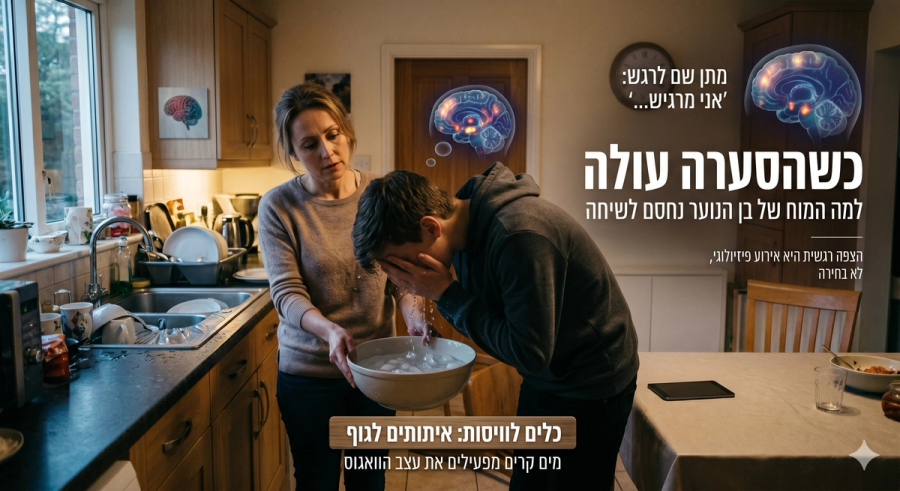 צילום הממחיש טכניקה לוויסות רגשי במצבי הצפה. נער מתבגר עומד במטבח ושוטף את פניו במים קרים מתוך קערה, בעוד אימו עומדת לצידו. סביבם משולבת אינפוגרפיקה של מוח בפעולה וכיתובים מתוך המאמר: בתחתית מופיע הטקסט 