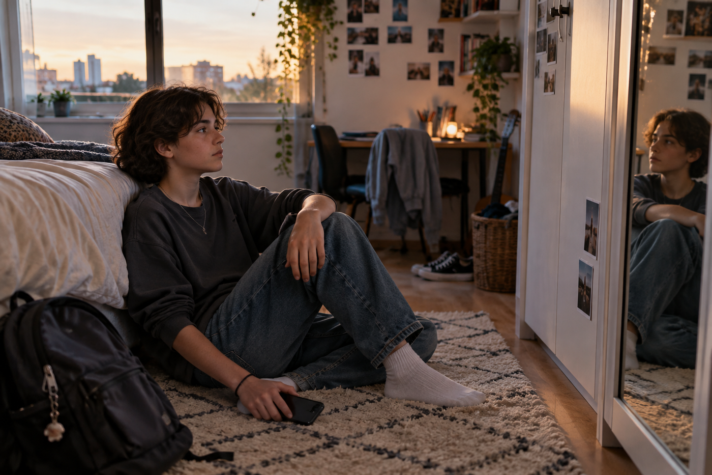 נער יושב לבדו בחדרו, מניח את הטלפון לידו ומתבונן במראה ברגע של מחשבה על המשיכה שלו
