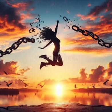 דמות קופצת מאושר ומשתחררת מאזיקים שכבלו אותה