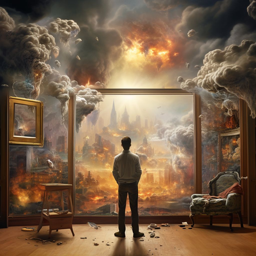 אדם עומד בחדר אפל מסתכל מהחלון על מציאות יפה