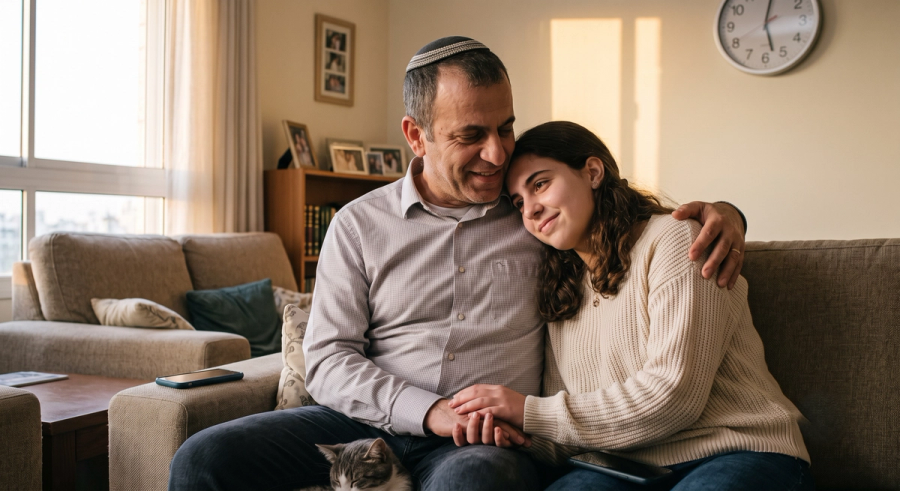אבא ובת משלימים לאחר שעברו אימון רגשי בשיטת מ.ס.ע במצפן הלב