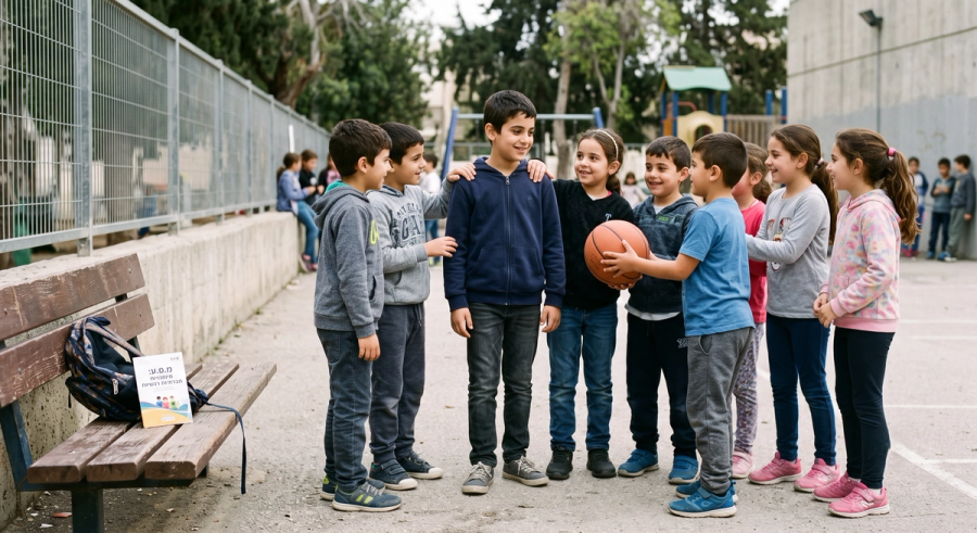 נער אחרי אימון רגשי בשיטת מ.ס.ע במצפן הלב מוקף חברים בחצר בית הספר