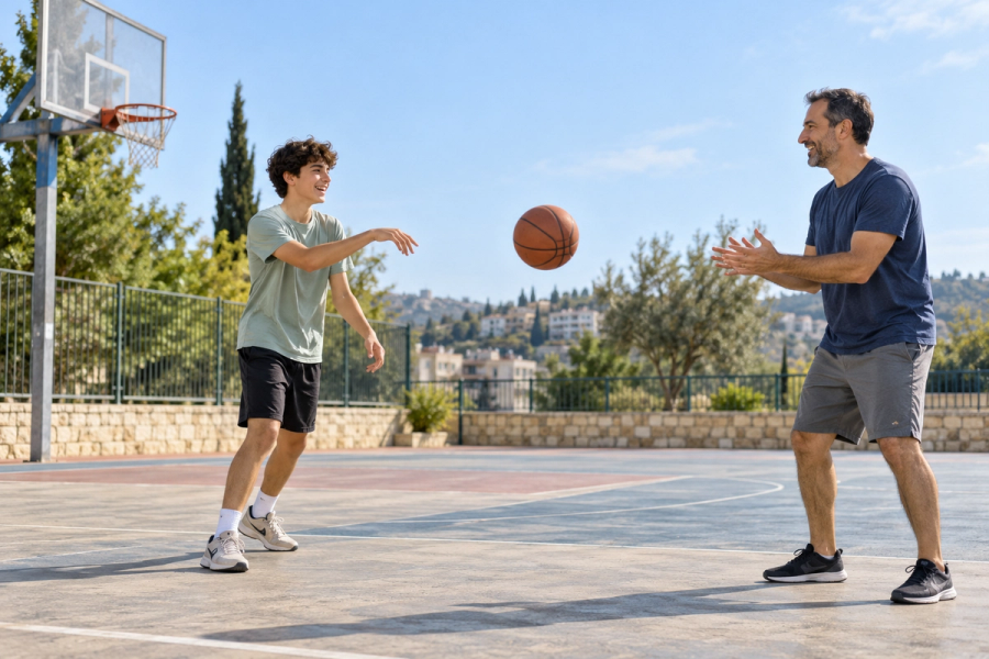 נער ואביו מחייכים ומוסרים כדור במגרש כדורסל בשעות היום.