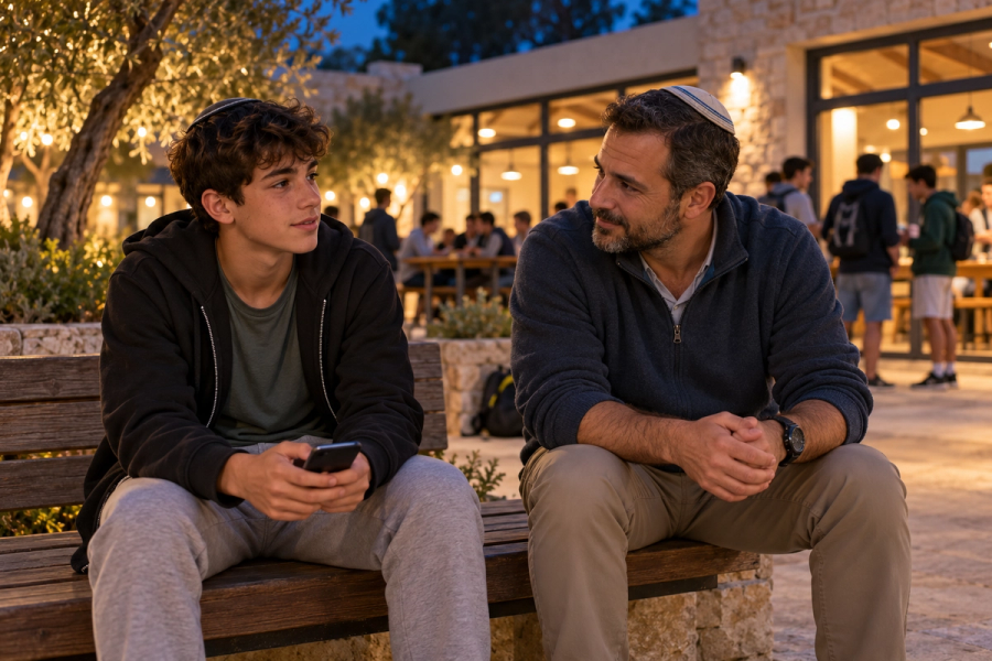 נער משוחח עם מורה בחצר מוארת של אכסניה בטיול, כשהטלפון בידיו.