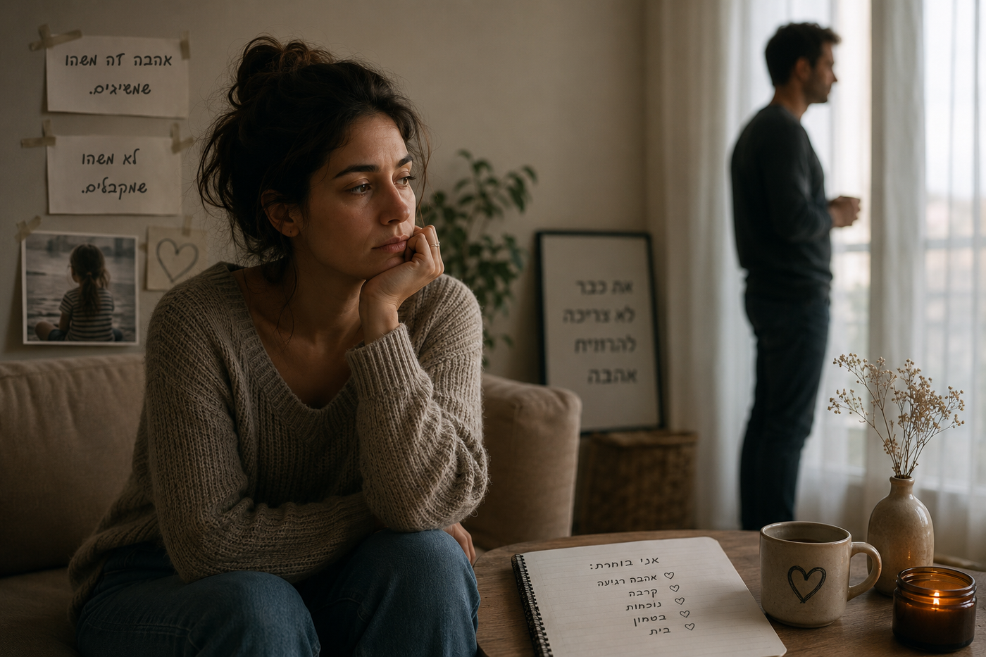 אישה יושבת עצובה גבר עומד בצד ופתקים על הקיר עם אמונות ילדות