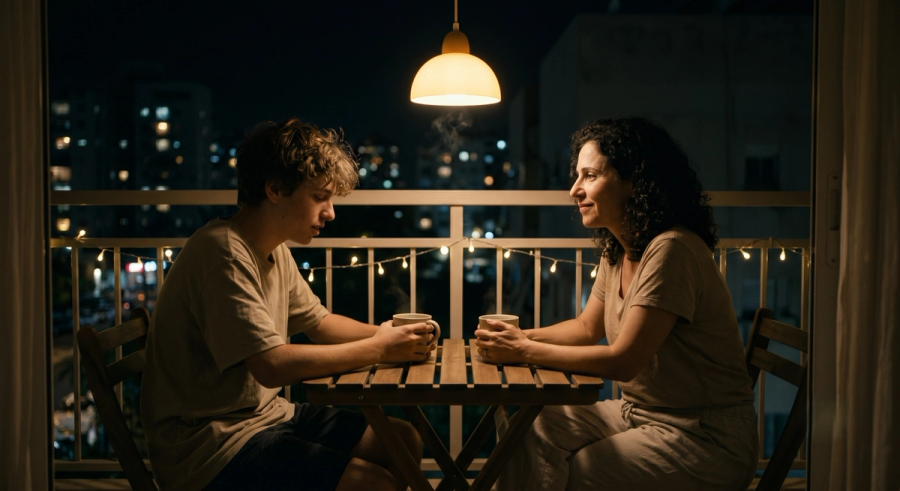 האור חם ורך, מגיע ממנורה בודדת. שניהם מחזיקים כוסות תה חם (העוגן). הם שקועים בשיחה שקטה ואותנטית, בגובה העיניים. המתבגר נראה נינוח ופתוח יותר, והאם מחייכת חיוך רך ומקשיבה