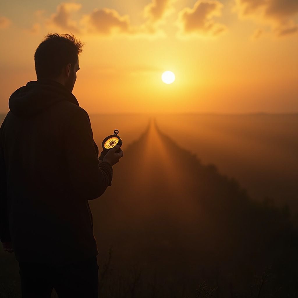 אדם אופטימי מחזיק מצפן ומסתכל קדימה לעבר העתיד