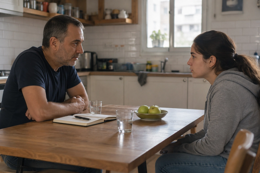 אב ובתו המתבגרת יושבים במטבח ומשוחחים בשקט ביום שאחרי אירוע קשה.