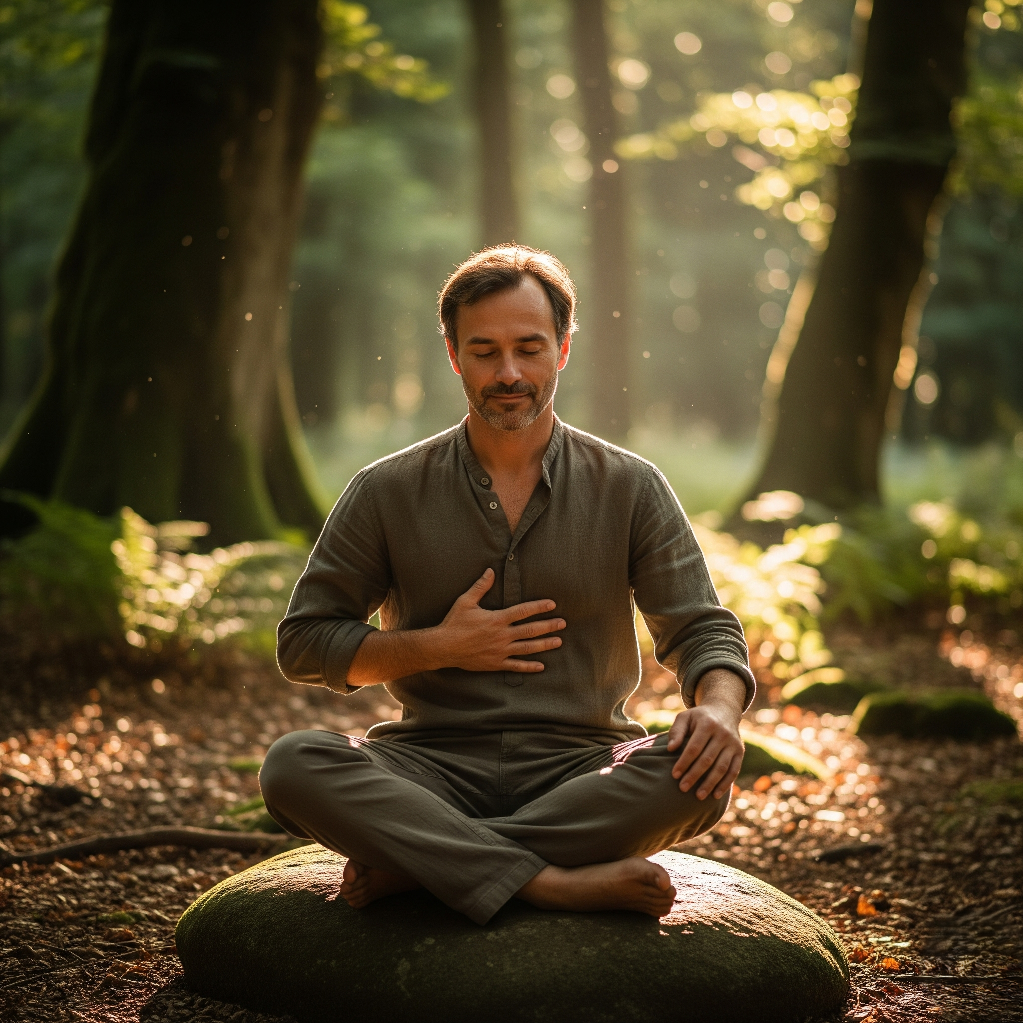 אדם יושב ברוגע בטבע עם יד מונחת על הבטן, מקשיב לגופו ומשדר ריפוי ושלווה פנימית.