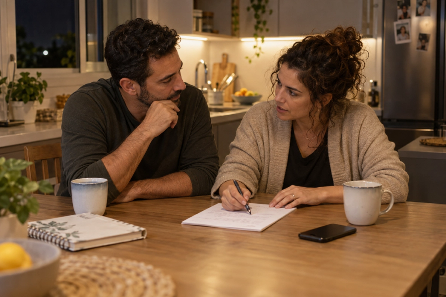 שני הורים יושבים יחד במטבח ומתאמים כלל אחד למתבגר