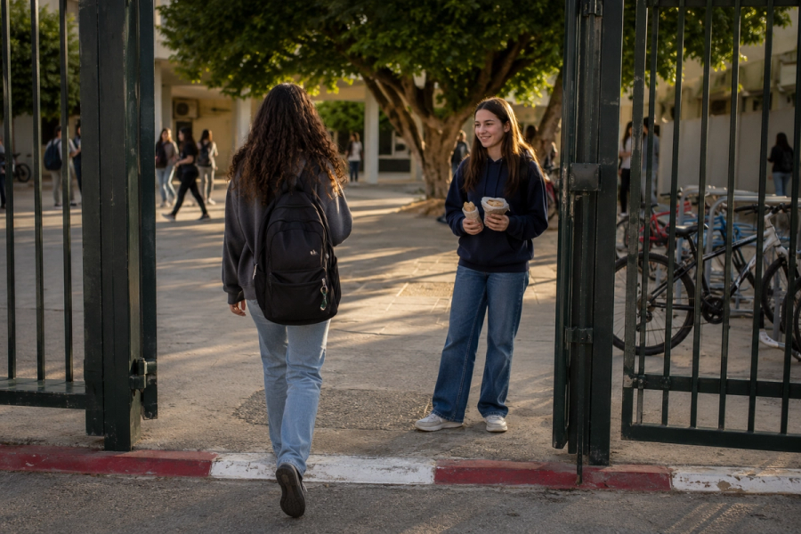 נערה נכנסת דרך שער בית הספר כשחברה מחכה לה בצדו השני.
