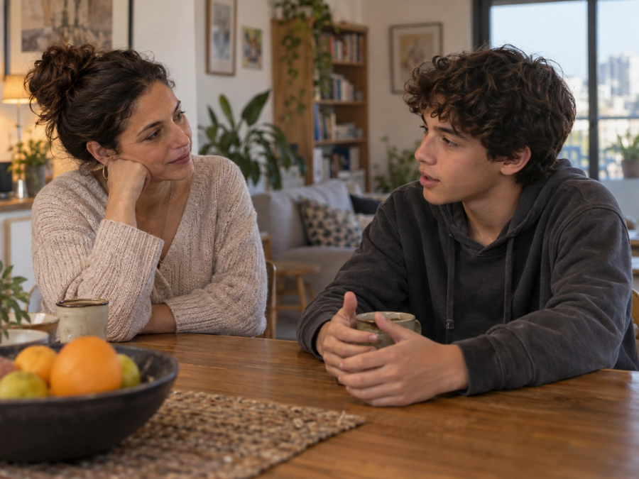 שיחה רגועה בין הורה למתבגר שמאפשרת הקשבה ובחירה בלי לחץ