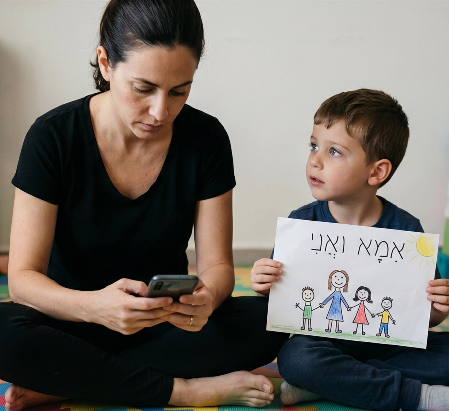 אמא עם הילד שמראה לה ציור