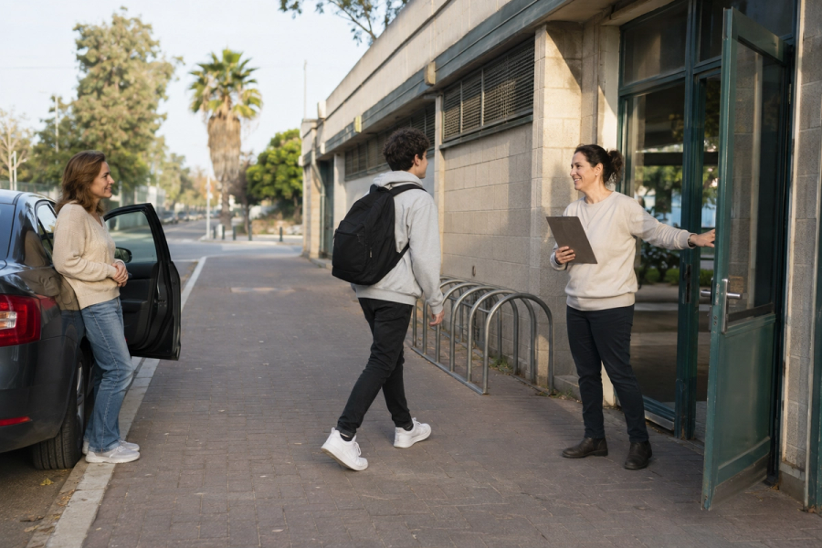  מתבגר הולך מאמו אל אשת צוות שמחכה לו בכניסה צדדית לבית הספר.