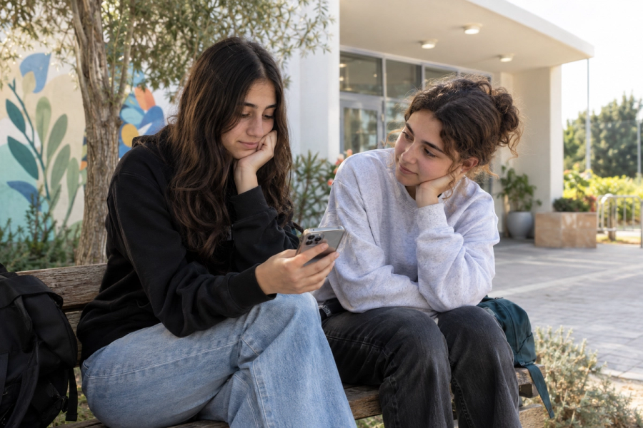 נערה מראה לחברה הודעה בטלפון ומשתפת אותה במה שקרה בעקבות לחץ חברתי