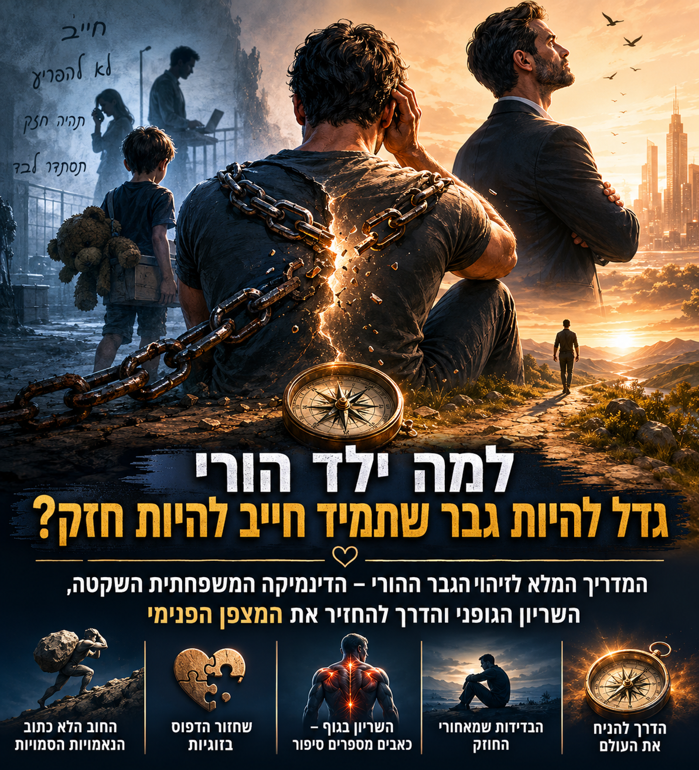 גבר בוגר עומד במרכז התמונה כשעל כתפיו יושב ילד קטן ועייף, כסמל לילד ההורי שנאלץ לשאת אחריות מוקדמת.